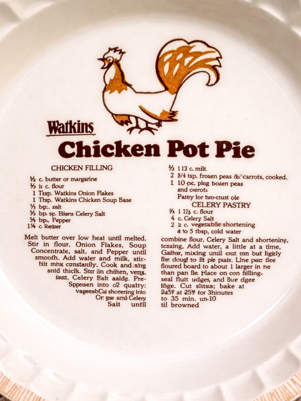 Vintage Watkins Chicken Pot Pie Recipe Plate Rooster Kitchen Grandma Core Decor - Picture 2 of 2